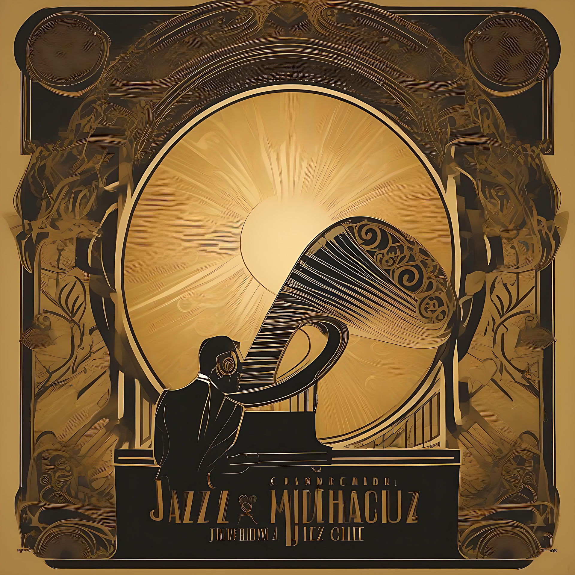 Élégance Art Déco : Un Hommage au Jazz Vintage Papier peint vintage rétro art déco représentant un gramophone et des teintes dorées.