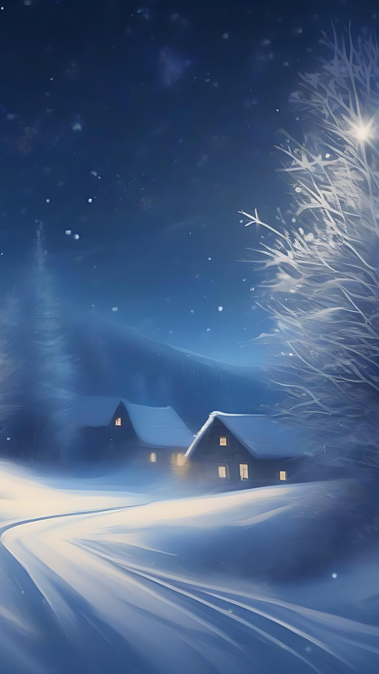 Snowy Winter Night with Glowing Cottages Snow-covered path with glowing cottages on a serene winter night