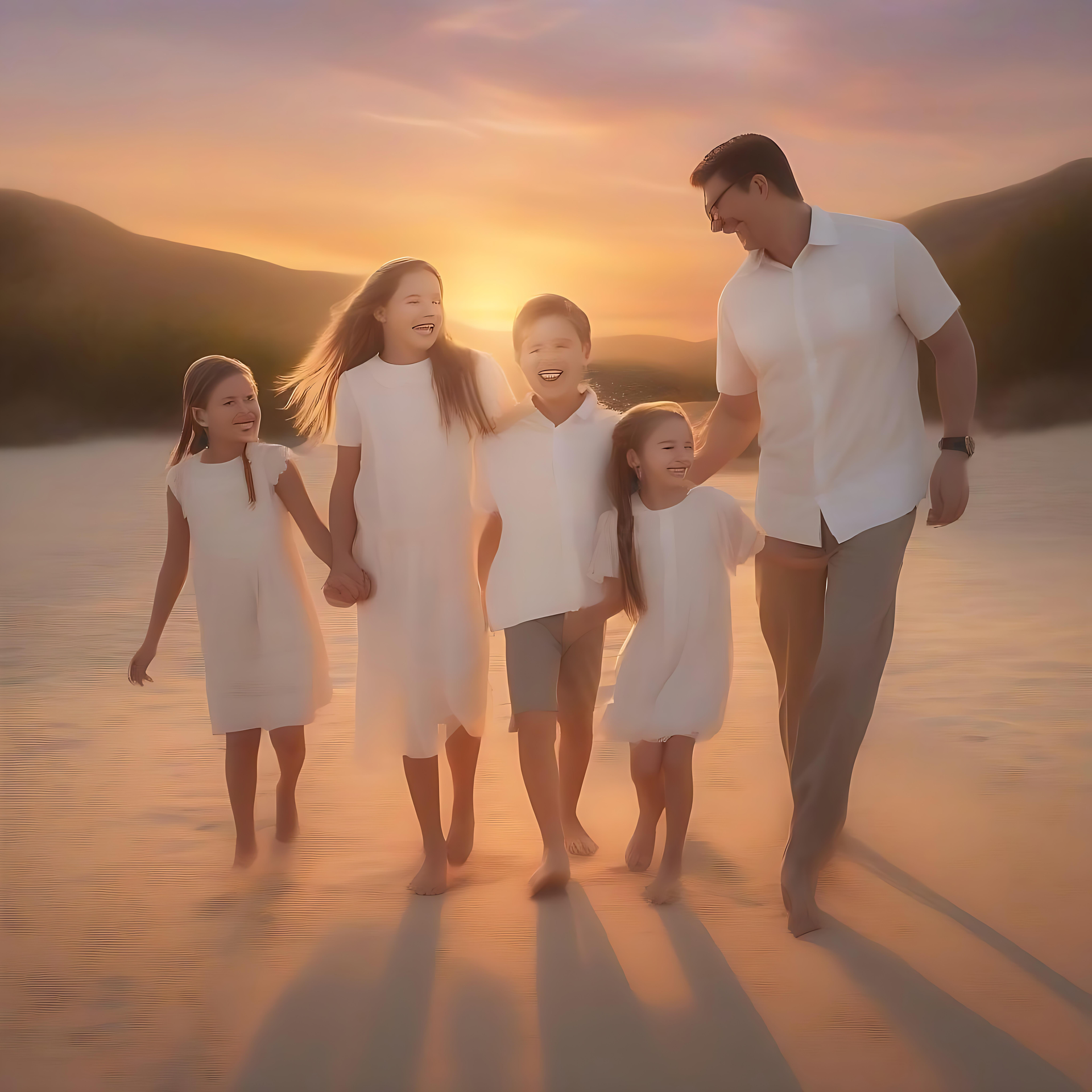 Une fête des Pères Sincère au Coucher du Soleil Une famille marchant ensemble sur une plage au coucher du soleil, célébrant la fête des Pères.