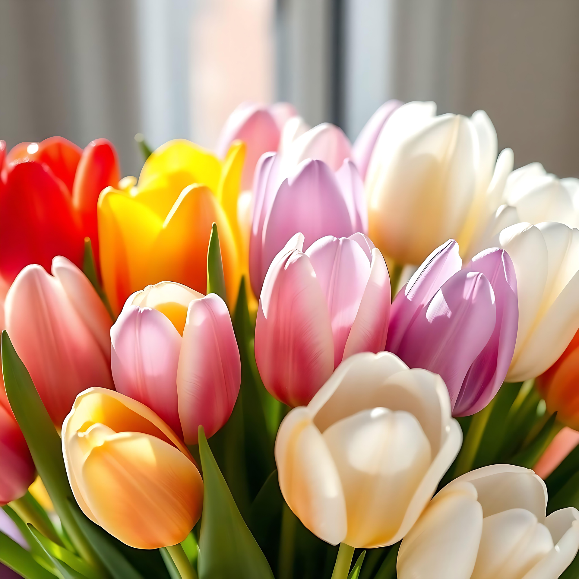 Radiant Tulip Bouquet Wallpaper in 8K Vibrant tulip bouquet featuring yellow, pink, white, and red flowers in natural light.