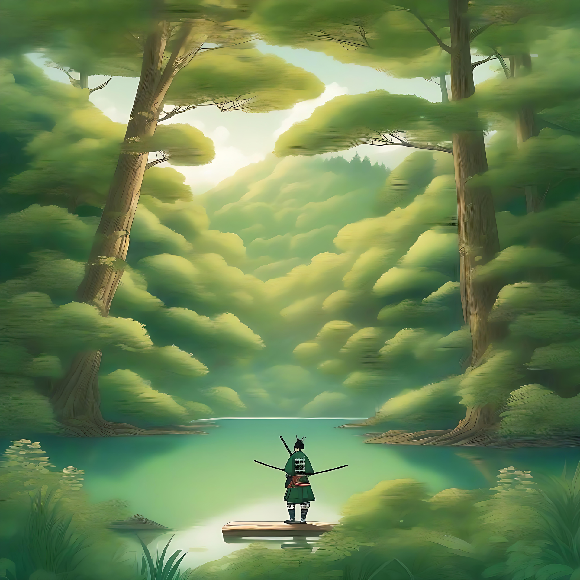 A Samurai's Moment of Serenity in Nature Anime artwork depicting a lone samurai standing on a wooden pier in a lush, serene forest with vibrant greenery and a tranquil lake.