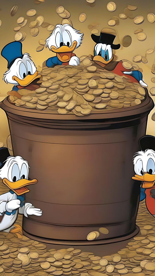 Joakim von Anka och familjen mitt i en skattkammare Joakim von Anka och syskonbarn omgivna av en hög guldmynt i Disney-animationsstil.