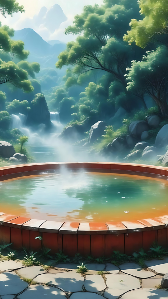 Descubra a Tranquilidade em uma Fonte Termal de Anime Encantada Uma obra de arte estilo anime de uma tranquila fonte termal rodeada por uma floresta exuberante e verde com montanhas distantes.