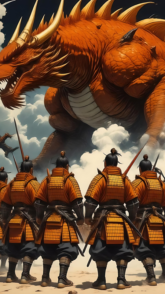 Enfrentamento épico entre samurais e o dragão de fogo Arte de anime que retrata guerreiros samurais enfrentando um dragão vermelho gigante em batalha.