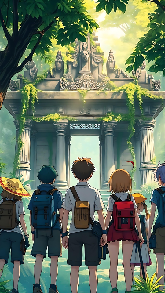 Anime-Reise: Eine Gruppe von Freunden in einem versteckten Dschungeltempel Gruppe von Kindern im Anime-Stil, die in einem Dschungel stehen und einen überwucherten alten Tempel betrachten.