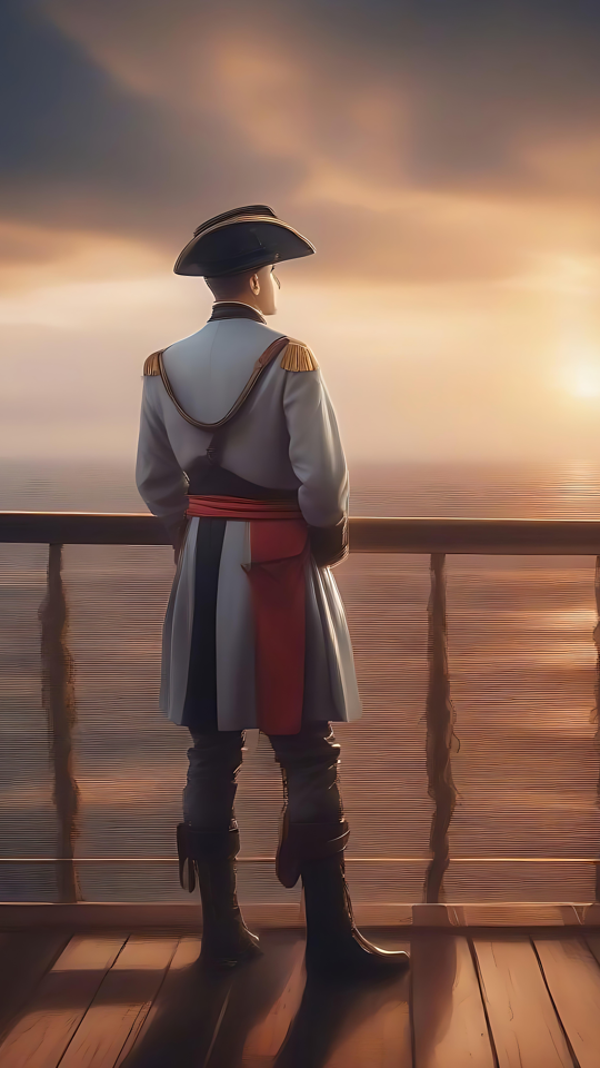 Un Icono Naval Atemporal en Reflexión en el Mar Un capitán naval con uniforme histórico mirando un atardecer sobre el océano desde la cubierta de un barco.