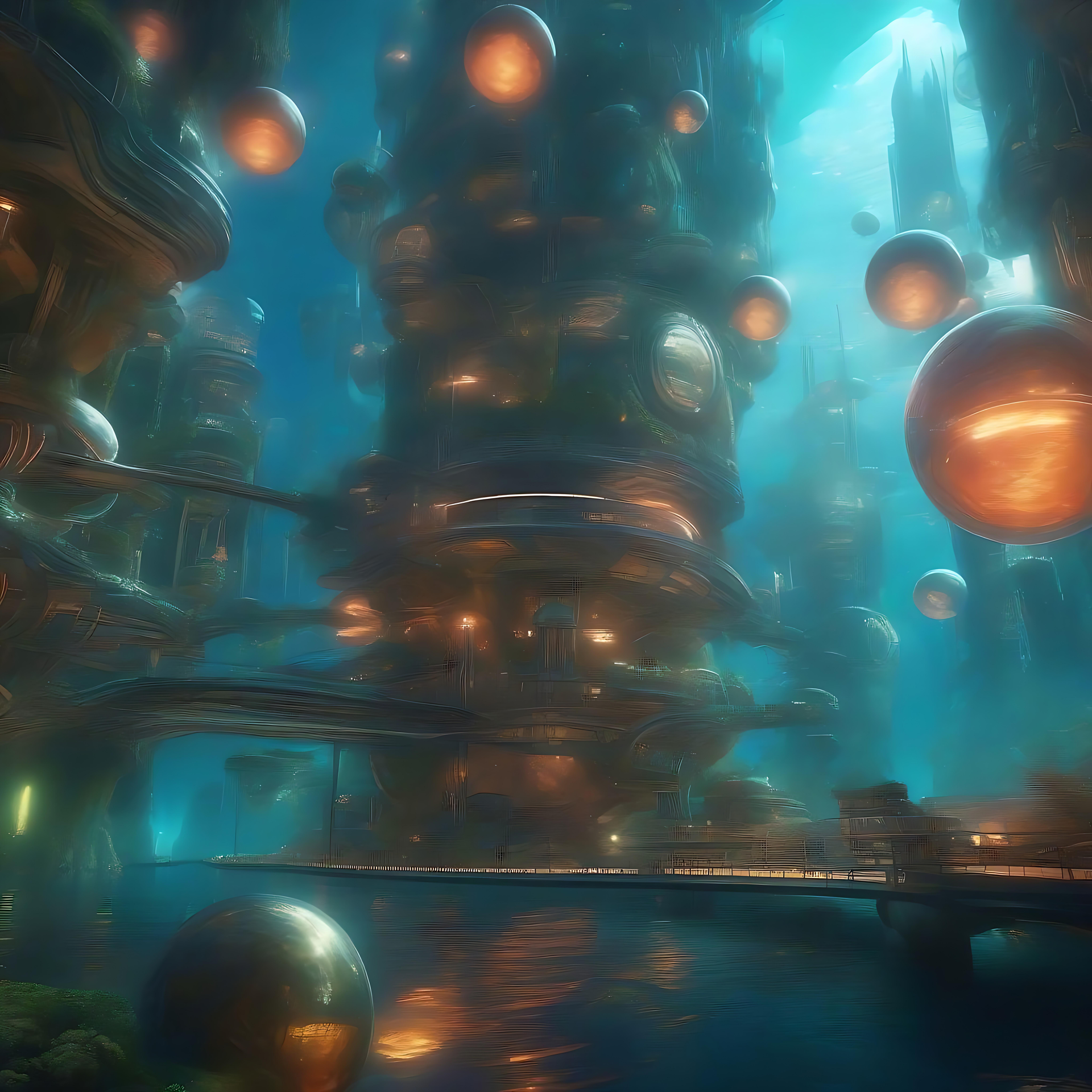 Dyk Ned i et Futuristisk Sci-Fi Vidunderland Under Vand Futuristisk sci-fi bybillede med glødende kugler i en undervandsverden