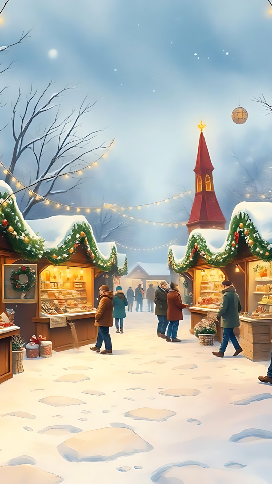 Mysig julmarknad täckt av snö En festlig julmarknad med snöiga stånd, glödande ljus och julhandlare mot en vinterbakgrund.