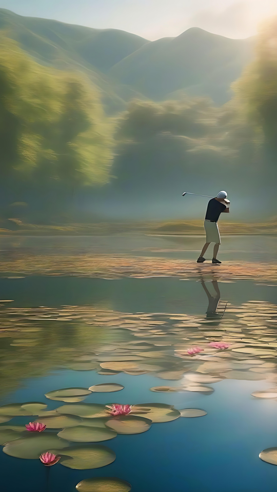 Golfinpelaajan rauhan hetki luonnonkauniissa paratiisissa Golfinpelaaja seisoo tasapainoisesti vedessä lumpeenlehtien keskellä, rehevien puiden ja sumuisten kukkuloiden ympäröimänä, auringonpaisteessa kylpeenä.