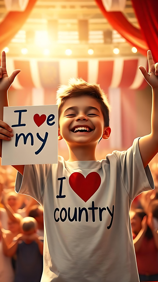 Lebhaftes Hintergrundbild zur Feier des Unabhängigkeitstages Kind hält ein patriotisches Schild bei einer festlichen Feier zum Unabhängigkeitstag