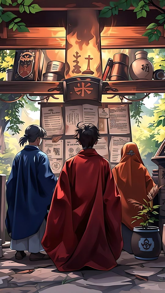 宁静森林背景下的动漫神社 宁静细节的森林中神社旁三个人物的插画动漫艺术。