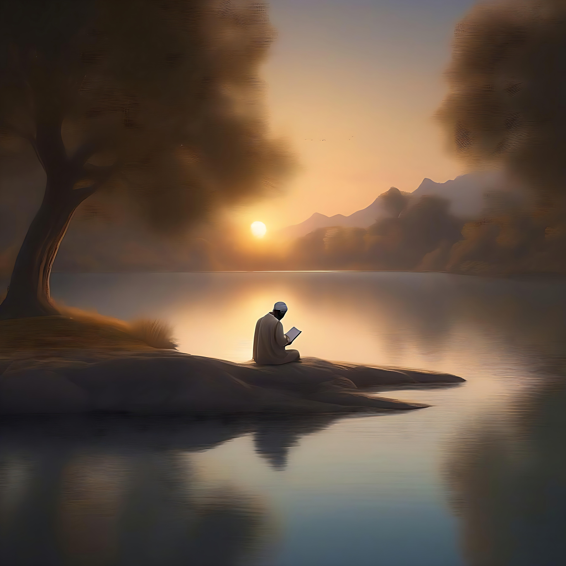 Reflektierende Gelassenheit: Ein spiritueller Moment im Ramadan Ein ruhiges Bild eines Mannes, der bei Sonnenuntergang an einem ruhigen See betet und den Ramadan feiert.