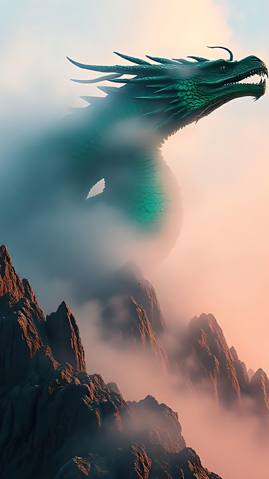 Majestoso Dragão a Pairar Acima de Picos Nevoentos Um majestoso dragão verde a pairar acima de picos montanhosos nevoentos num céu de cor pastel.