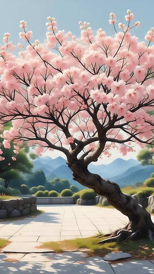 Serene Anime-Kirschblütenbaum in ruhiger Umgebung Anime-Kirschblütenbaum mit leuchtend rosa Blüten in einer friedlichen Umgebung, umgeben von Grün und Bergen.