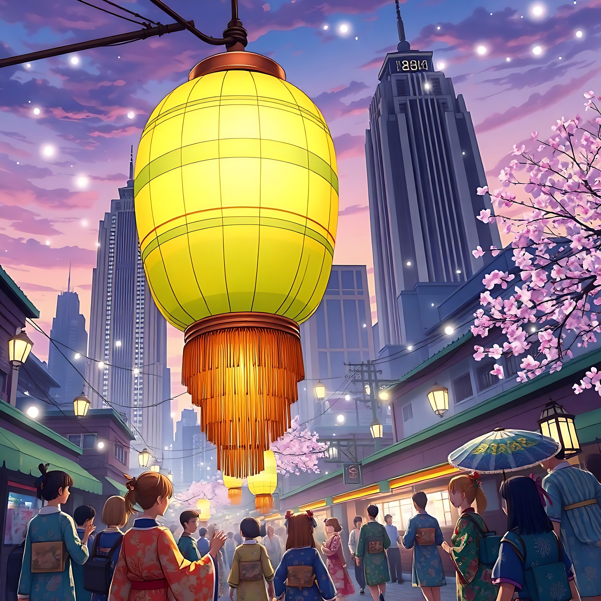 Anime Festival Under en Glødende Lanternhimmel Anime-festival gadescene med glødende gule lanterner, kirsebærblomster og traditionel påklædning under en tusmørkehimmel.