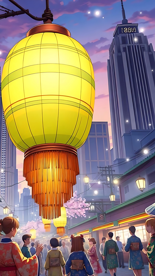 Parıldayan Fener Gökyüzü Altında Anime Festivali Alacakaranlık gökyüzü altında parıldayan sarı fenerler, kiraz çiçekleri ve geleneksel kıyafetlerin olduğu bir anime festivali sokak sahnesi.