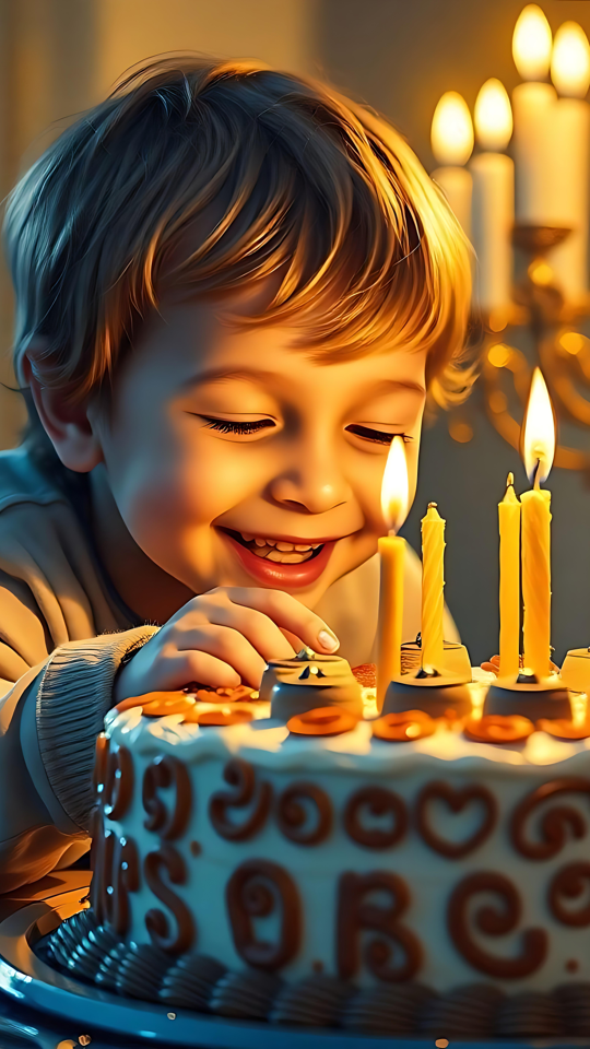 Fejr Hanukkahs hjertevarme glød Varm Hanukkah-scene med en menorah og festlig kage med glødende lys.