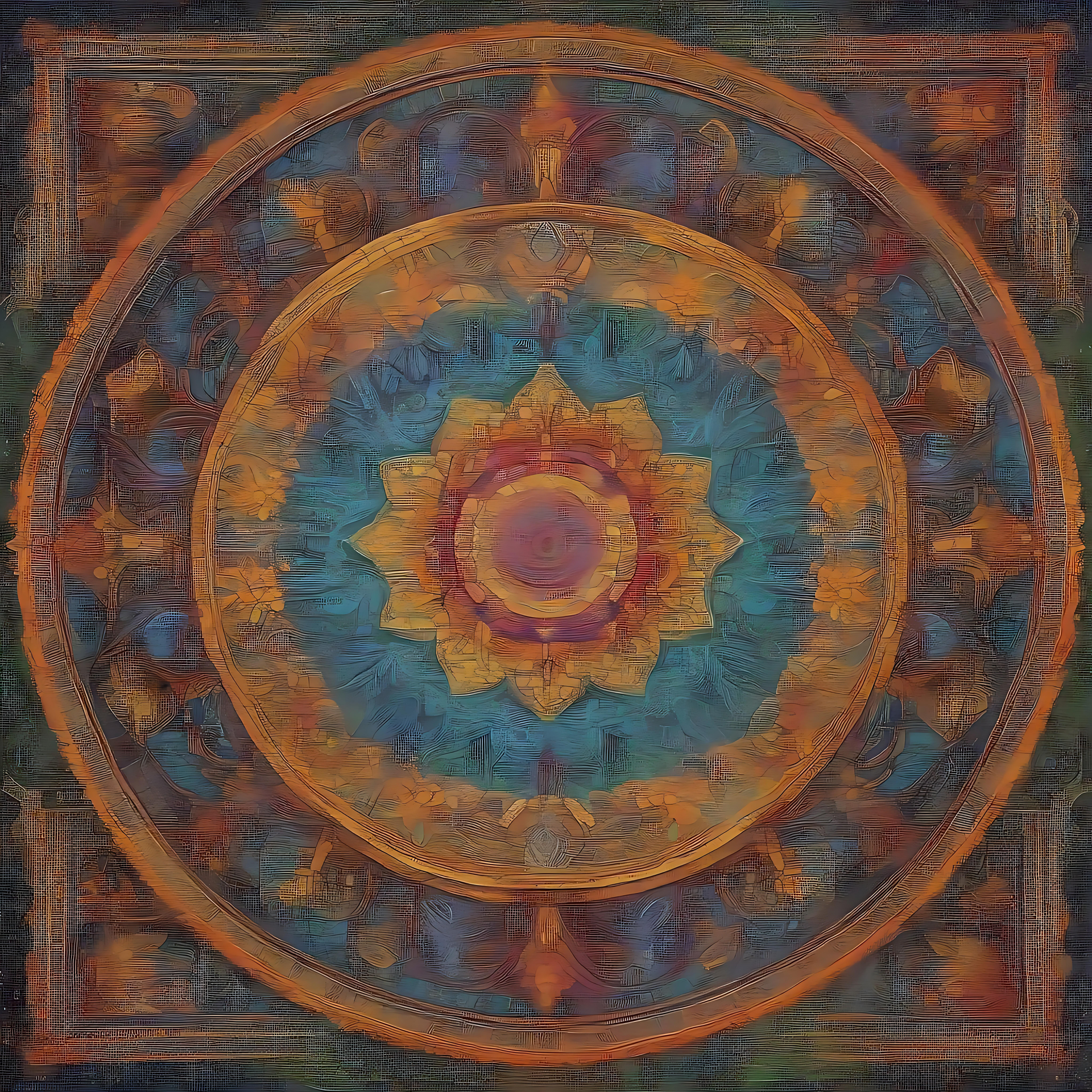 Ethereal Mandala Abstract i levende farver Et farverigt abstrakt kunstværk med mandala-tema med indviklede mønstre i orange, blå og guldfarver.