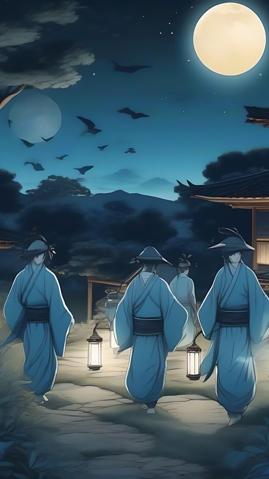 La sérénité sous le clair de lune: la promenade nocturne du samouraï Œuvre d'art d'anime mettant en scène des samouraïs marchant avec des lanternes sous une nuit de lune près d'un temple japonais traditionnel.