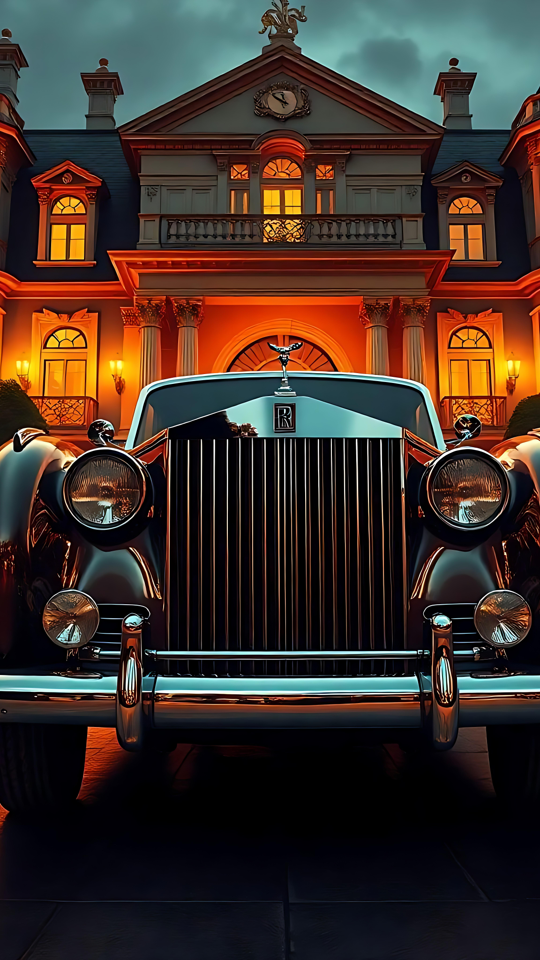 Eleganssin ruumiillistuma: Rolls-Royce ja hehkuva kartano Vintage Rolls-Royce pysäköitynä valaistun luksuskartanon eteen illalla.