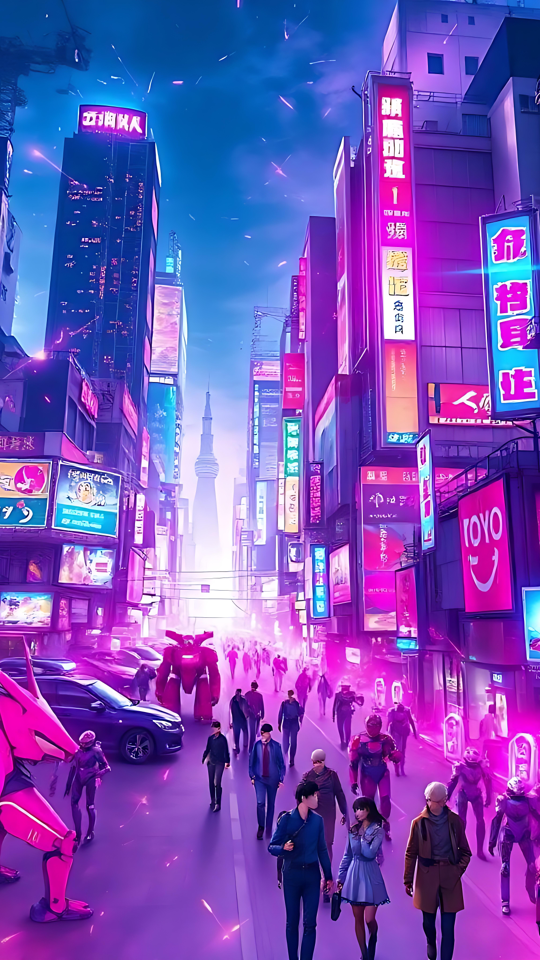 Mergulhe em uma Rua Futurista de Anime Neon Rua futurista de anime brilhando com luzes de néon e cheia de personagens sob uma paisagem urbana cyberpunk.