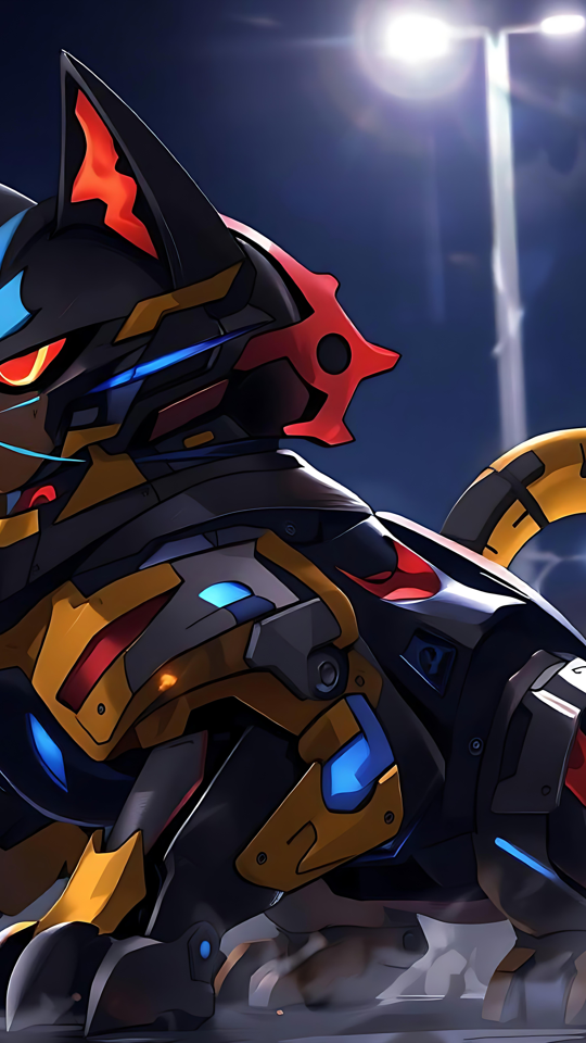 Cybercat Sentinel: Anime Sanatının Geleceği Futuristik anime cyberpunk robot kedisi, gece şehir manzarasında parlıyor.