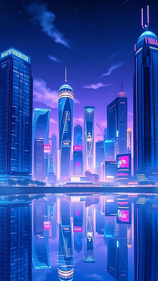 Évadez-vous dans un horizon Cyberpunk néon Un horizon futuriste d'anime cyberpunk avec des gratte-ciel éclairés au néon se reflétant sur un lac sous un ciel nocturne étoilé.
