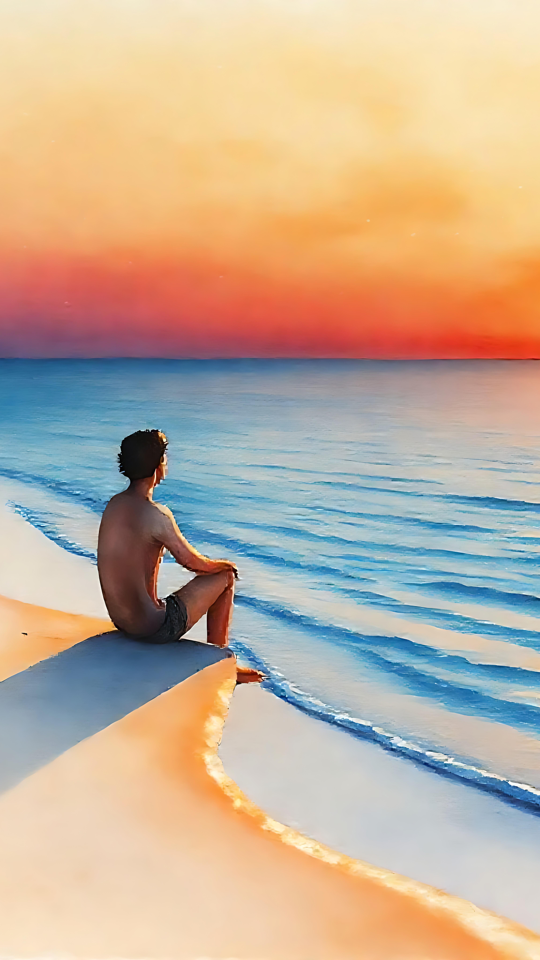Reflektierende Gelassenheit am Sonnenuntergangsstrand Eine ruhige Strandszene mit Sonnenuntergang und einem einsamen Reisenden, der am Meer auf dem Sand sitzt.
