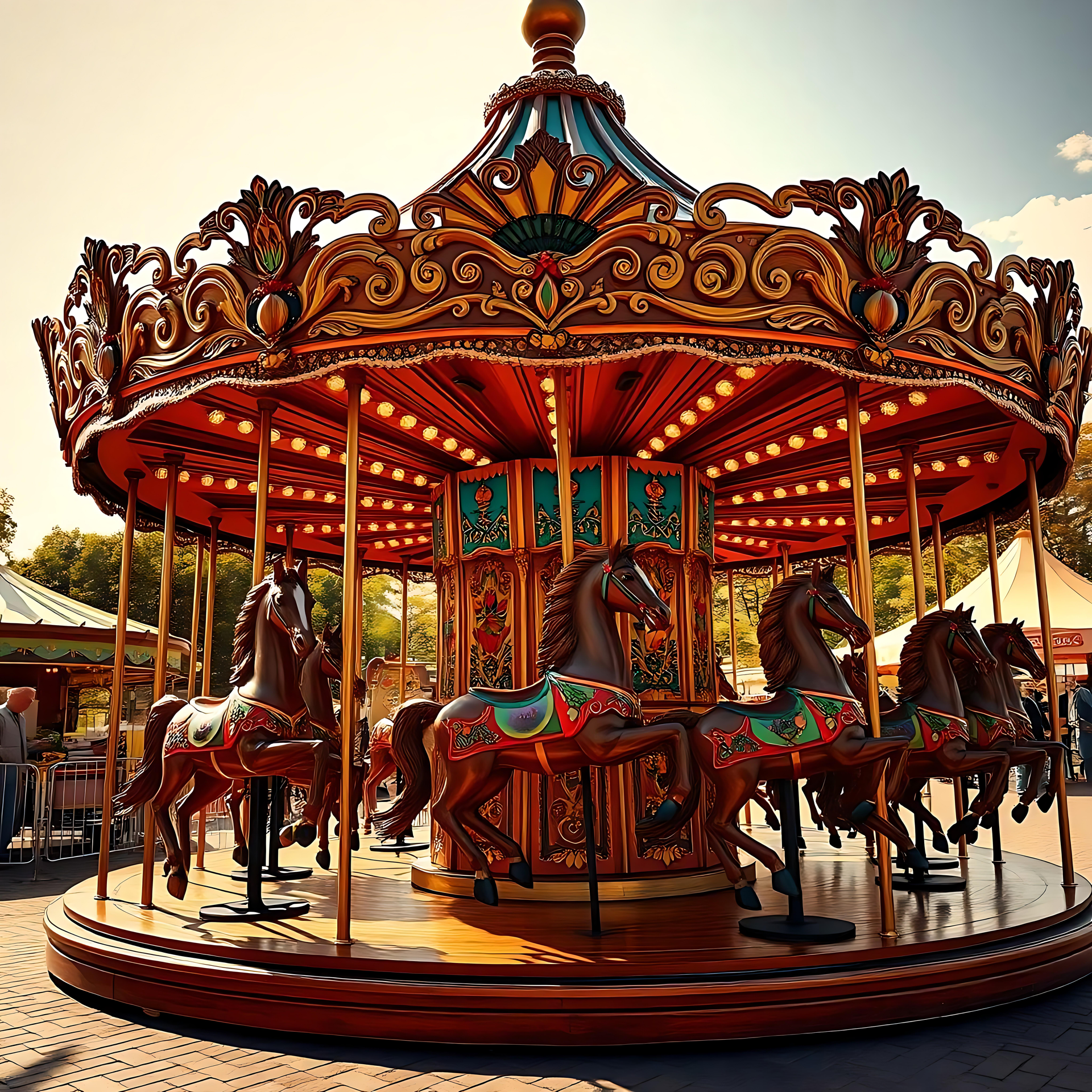 Un tourbillon de nostalgie: le merveilleux art du carrousel d'époque Un carrousel d'époque magnifiquement détaillé sous un ciel lumineux avec des chevaux ornés et des sculptures complexes.