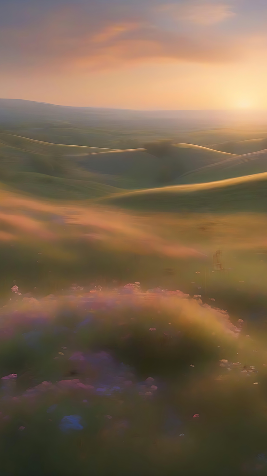 Ein verträumter Sonnenuntergang über sanften Hügeln Ein surrealer Sonnenuntergang verbreitet goldene Farbtöne über sanfte Hügel mit Wildblumen in einer ruhigen Atmosphäre.