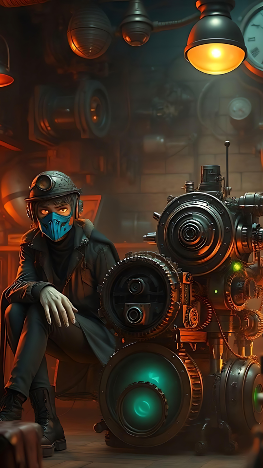Aydınlatılmış Atölyede Steampunk Mühendisi Pirinç dişliler ve amber ışıklarla aydınlatılmış bir atölyede oturan anime tarzı steampunk mühendisi.