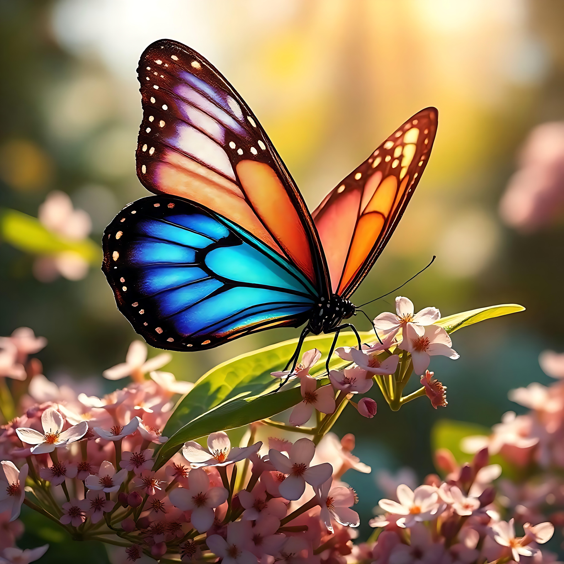 En sommerfugls serenade: Farverne af morgensalighed En levende sommerfugl med elektrisk blå og flammende orange vinger, der sidder på blomstrende lyserøde blomster under en blød solopgang.
