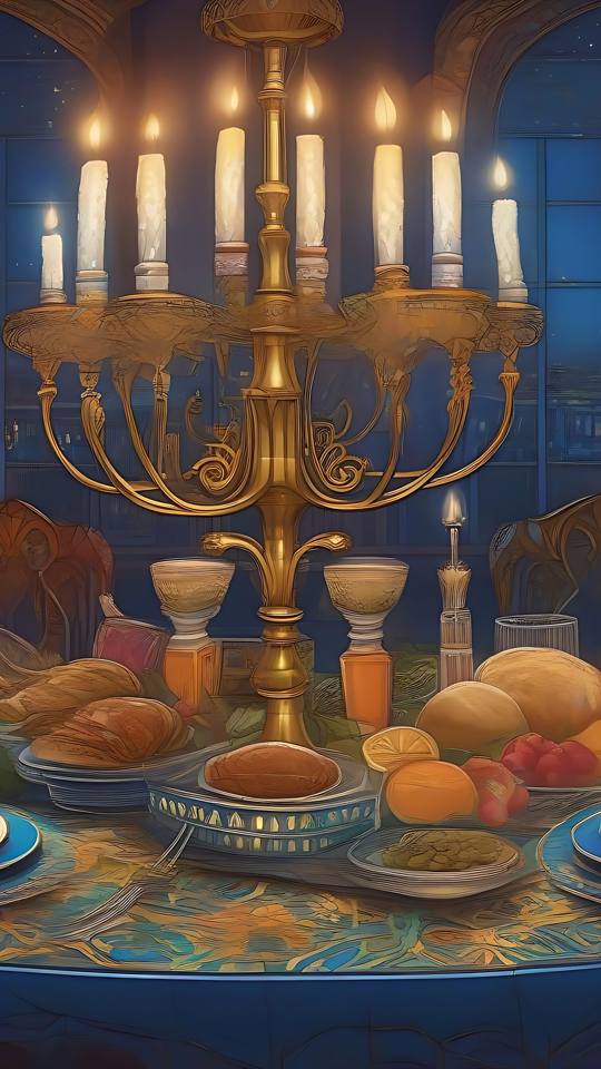 Chanukkas Gyllene Lyster: En Fest av Ljus och Tacksamhet Överdådigt Chanukka-middagsbord med lysande menorah och traditionella rätter.