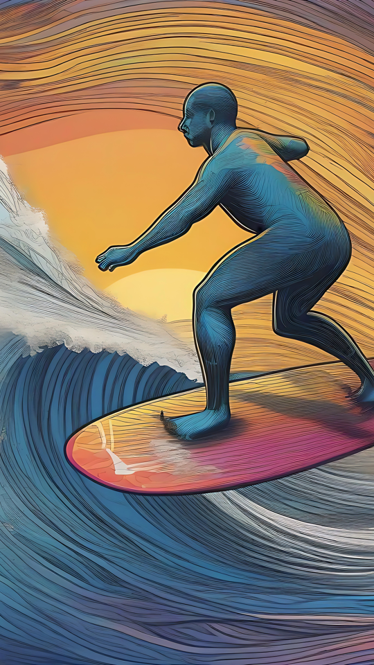 Ratsasta voimakkailla aalloilla - surrealistinen surffauskokemus Surrealistinen taideteos surffailijasta, joka ratsastaa valtameren aalloilla kirkkaassa auringonlaskussa.