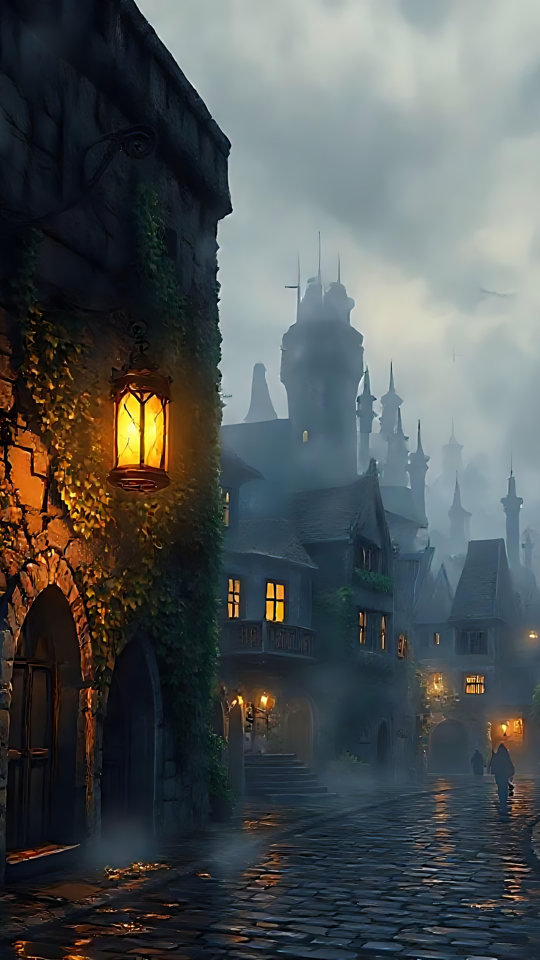 Sombrio Romântico de uma Vila Anime Iluminada por Lanternas Vila medieval de anime nevoenta iluminada por lanternas brilhantes