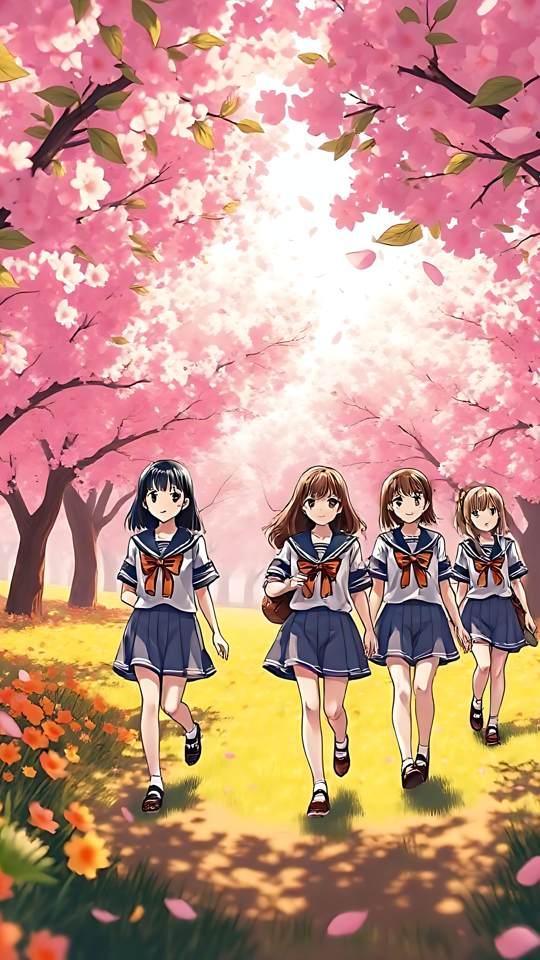 Marchez sur un sentier de sakura enchanteur à la mode des dessins animés Une représentation inspirée d'anime de quatre filles marchant sur un chemin de cerisier entouré de fleurs colorées.