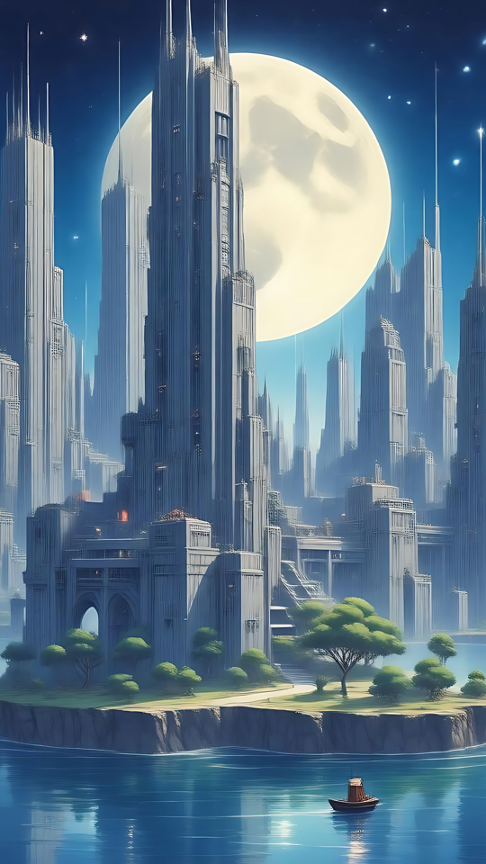 Moonlit Fantasy Island Beneath A Celestial Sky Anime cityscape on an island under a glowing full moon, surrounded by water and clouds.
