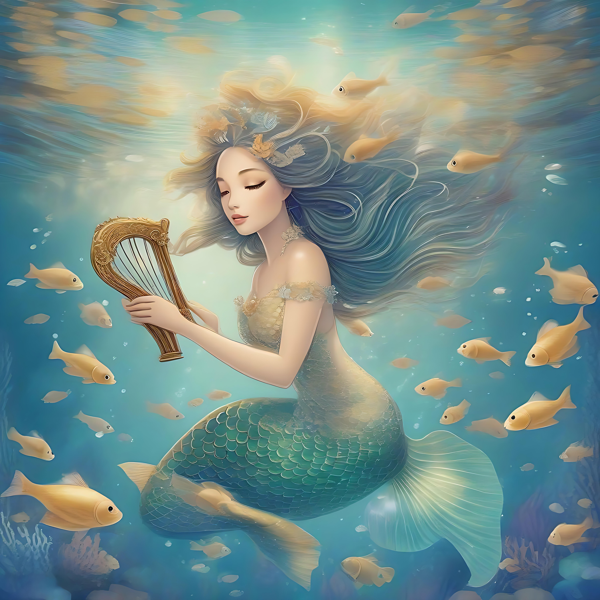 Æterisk havfrue serenader på havet Anime havfrue spiller en gylden harpe under vandet omgivet af gyldne fisk.