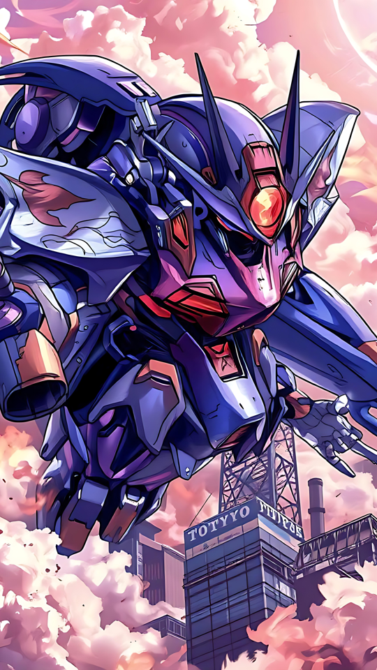 Mecha Futurista Sobre a Cidade de Tóquio Um mecha futurista roxo e rosa voando sobre a cidade de Tóquio, rodeado por nuvens brilhantes e luz solar quente.