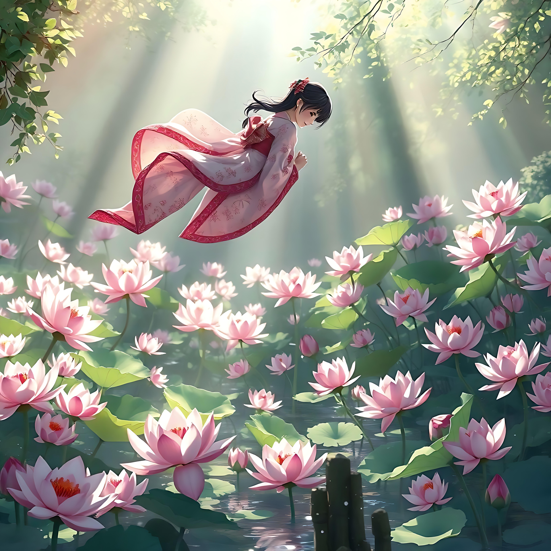 Gelassenheit in Blüte: Ein beruhigendes Anime-Kunstwerk Anime-Mädchen schwebt über einem Teich voller blühender Lotusblumen unter Sonnenstrahlen.
