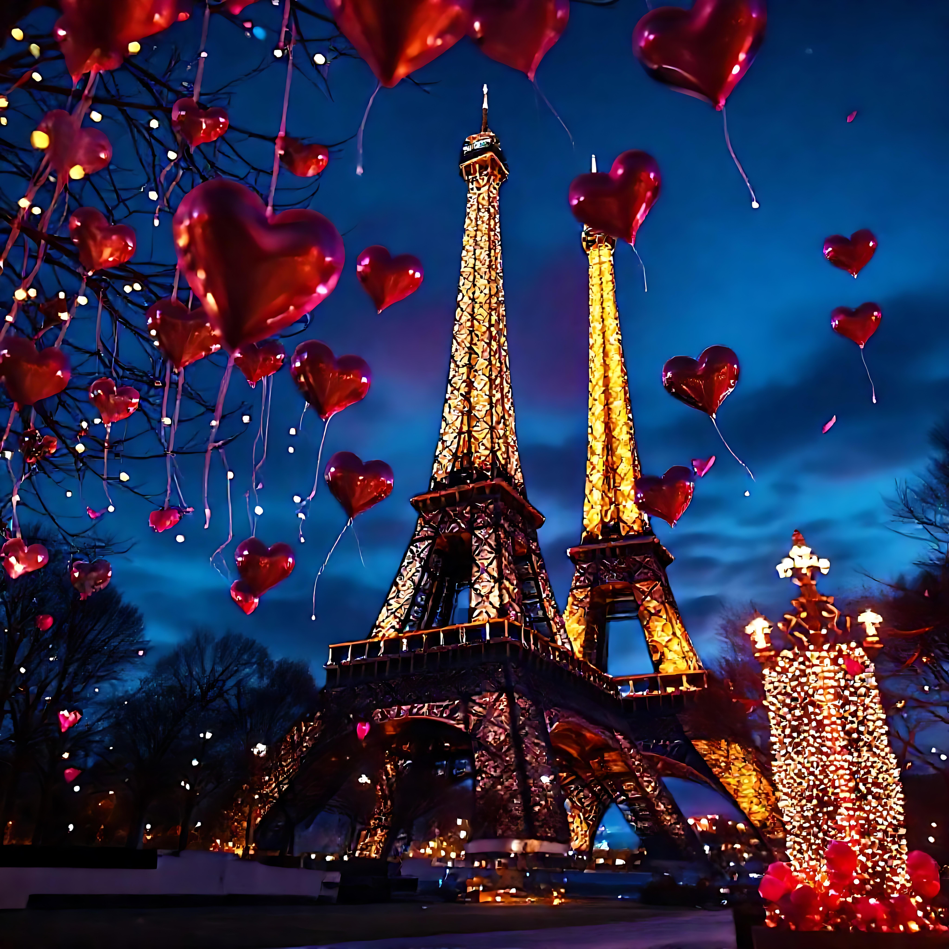 Celebre o Amor com o Papel de Parede da Torre Eiffel para o Dia dos Namorados Torre Eiffel brilhando com luzes douradas e decorações de corações flutuantes no Dia dos Namorados em Paris.