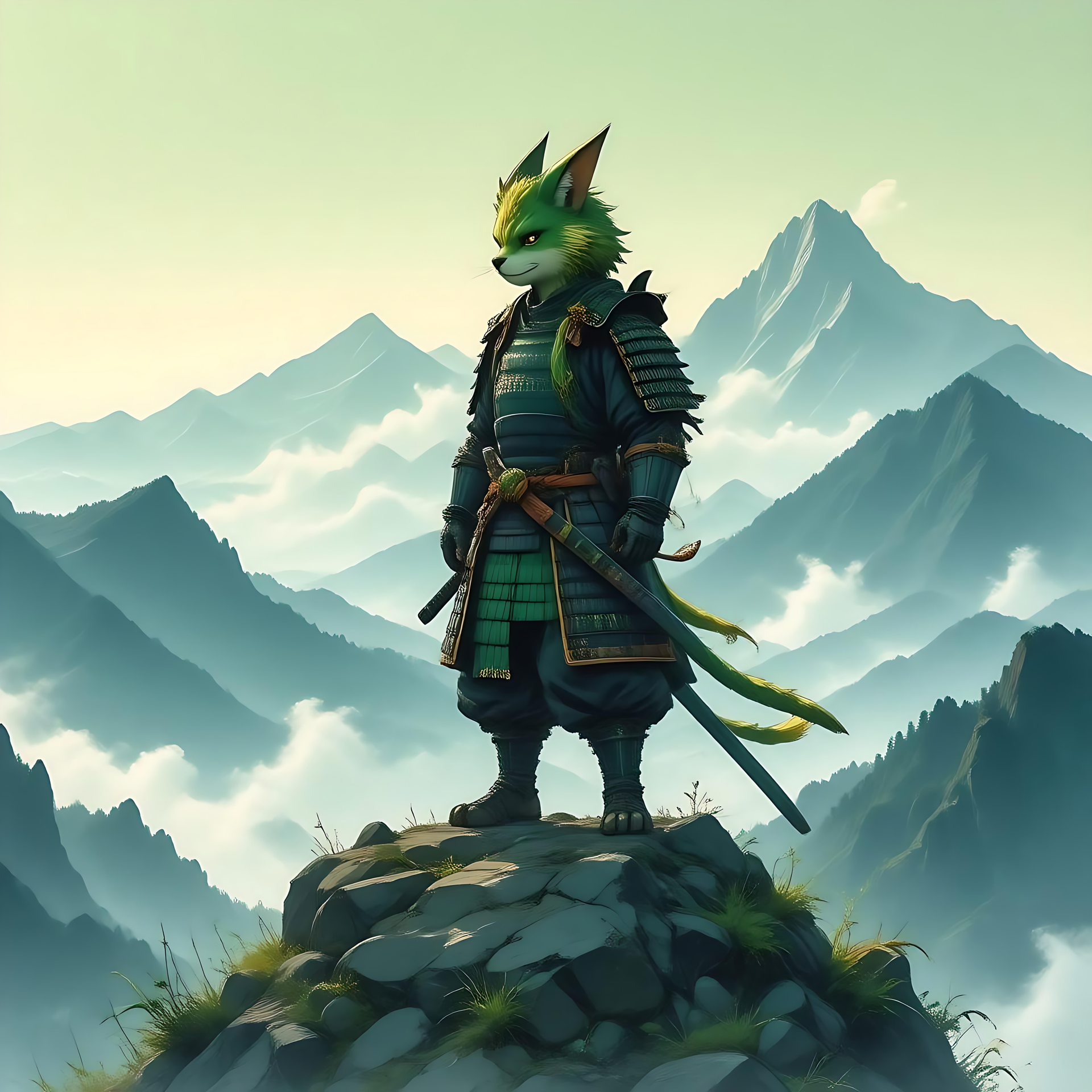 Gato Samurái Guardián de las Montañas Gato samurái de anime de pie sobre una roca, con montañas brumosas en el fondo.