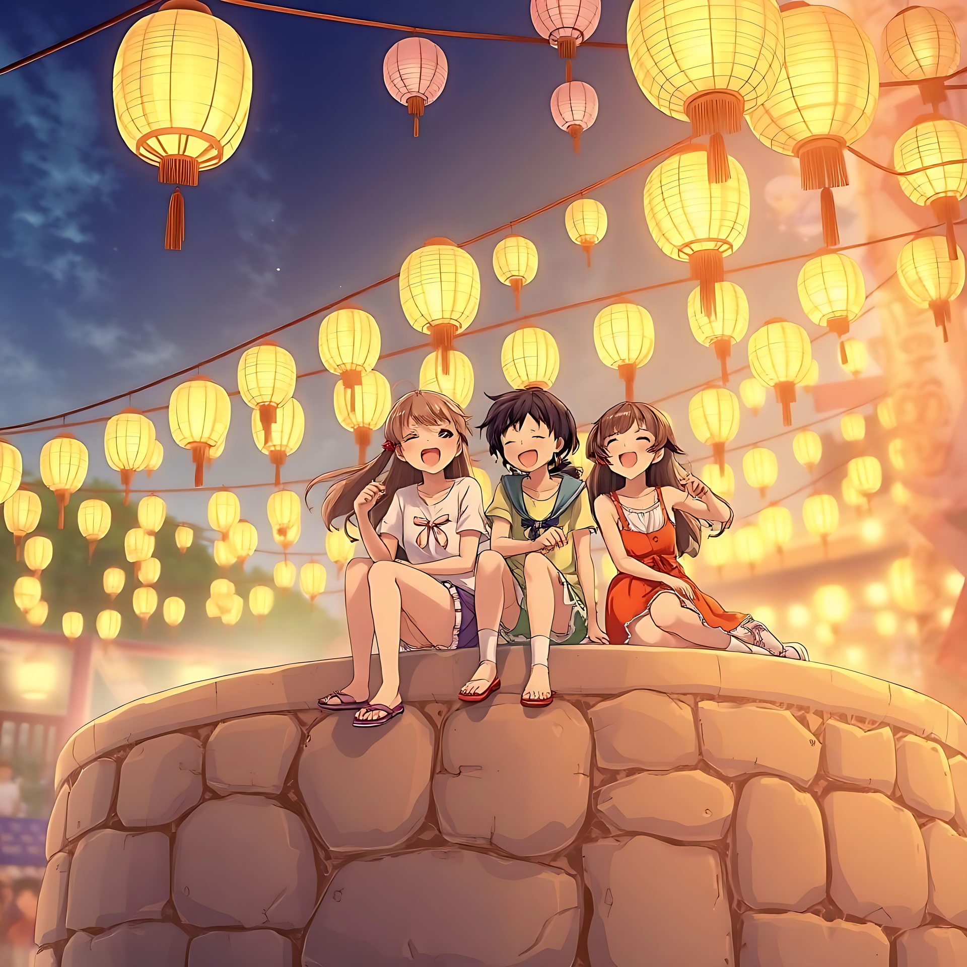 Lueur du Festival : Nuit Magique d'Anime avec Lanternes Scène de nuit d'un festival d'anime avec des lanternes lumineuses et trois amis assis sur un rebord de pierre.