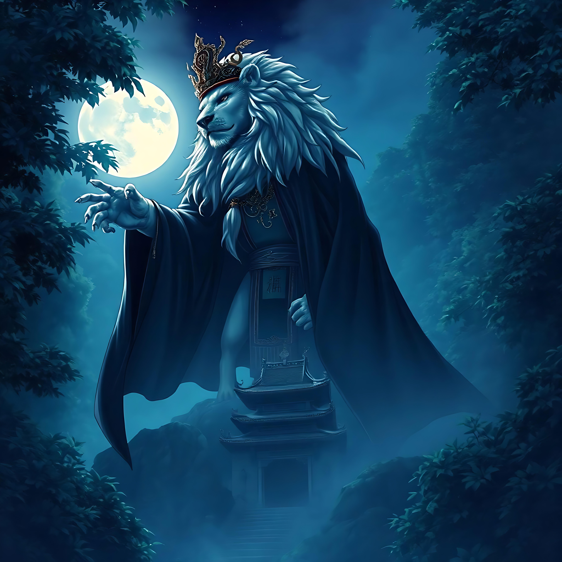 月光下的神秘獅子:一個雄偉的幻想 在神秘的森林中發光的滿月下,