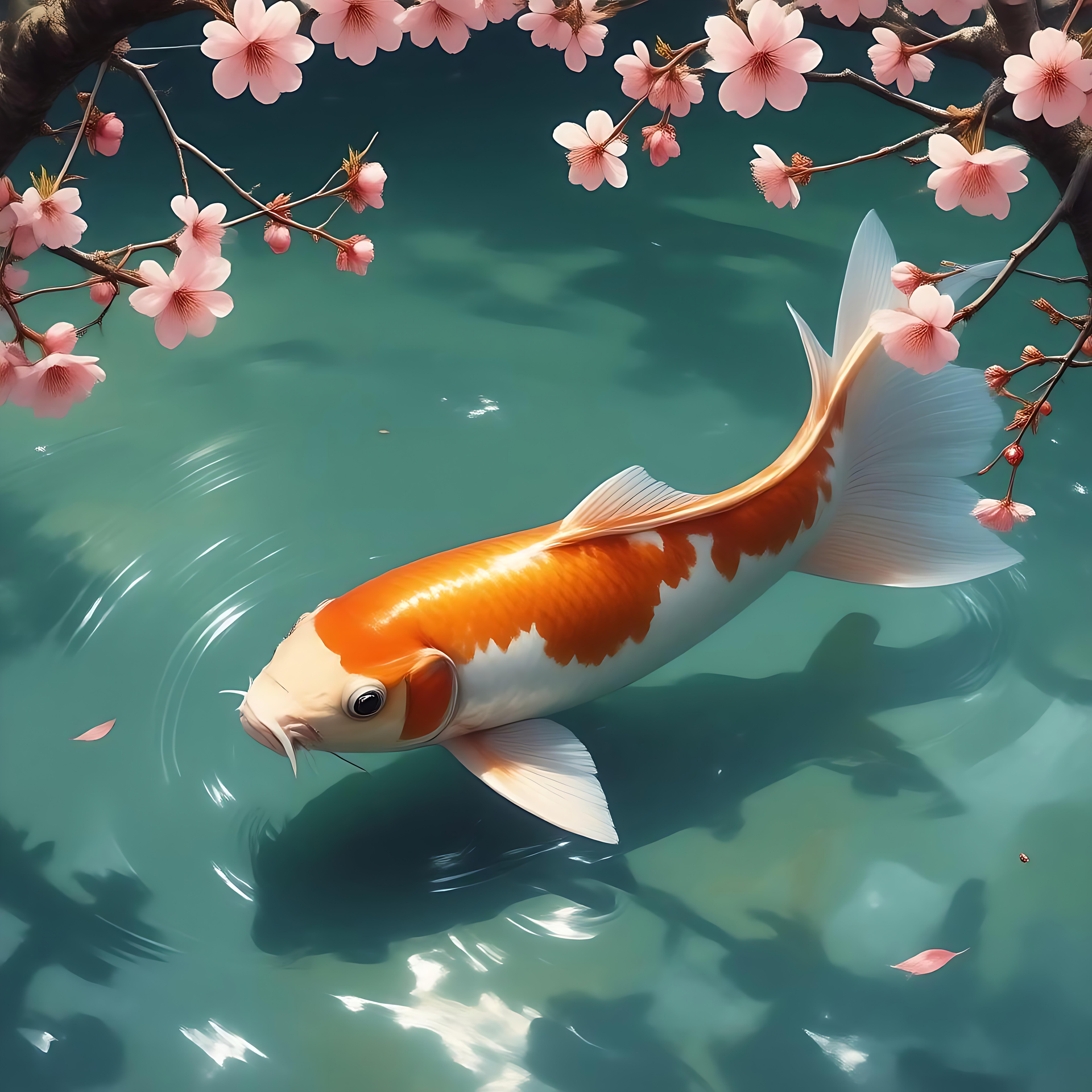 Koi sereno em meio a flores de cerejeira Um belo peixe koi estilo anime nadando em uma lagoa cercada por flores de cerejeira.