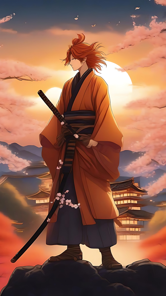 Samurai Parado Sob Cerejeiras em Flor ao Pôr do Sol Arte anime de um samurai em pé sobre uma rocha com cerejeiras em flor e um pôr do sol ao fundo.
