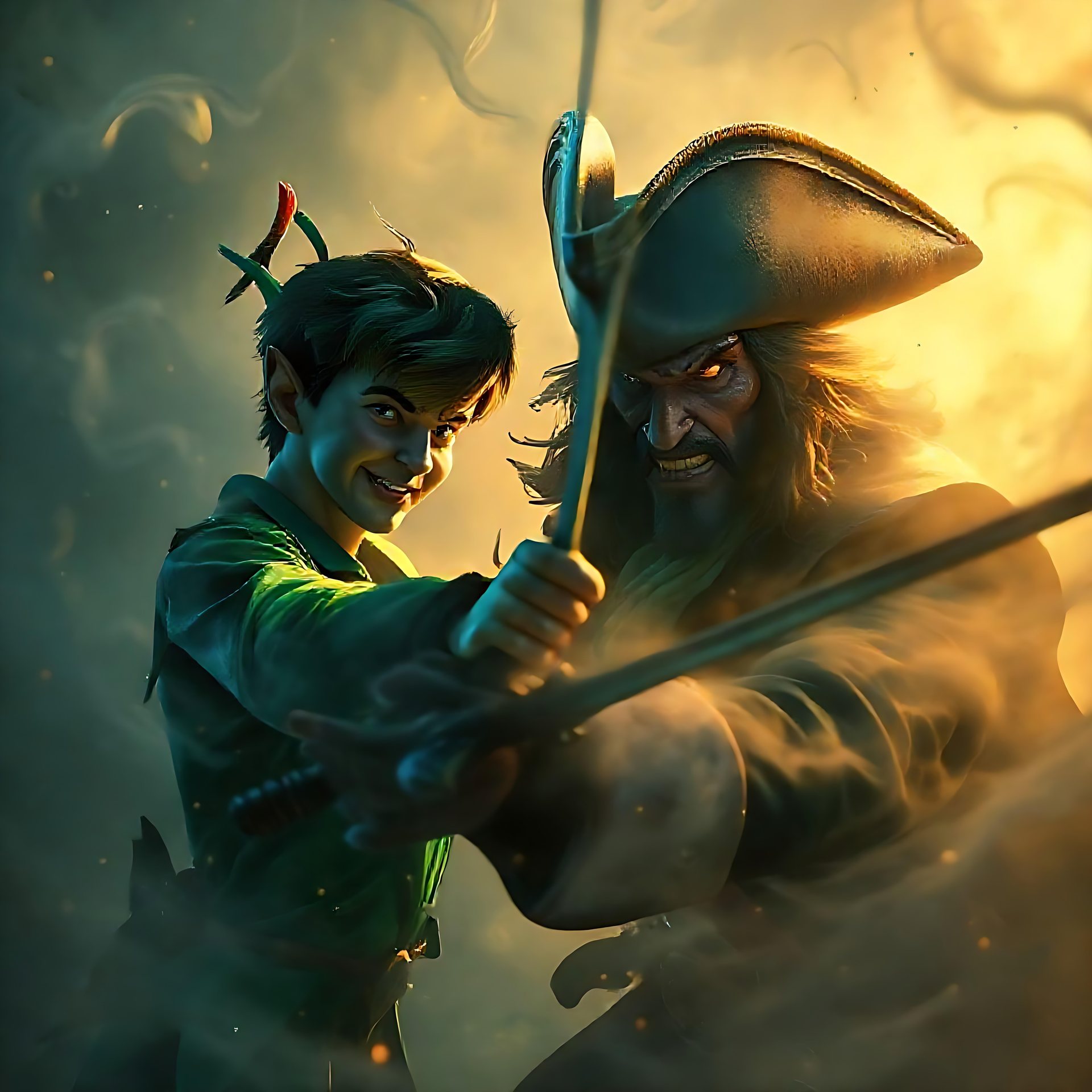 Episches Duell: Peter Pan vs. Käpt'n Hook Peter Pan und Käpt'n Hook verstrickt in einem epischen Schwertkampf, umhüllt von goldenem Nebel.