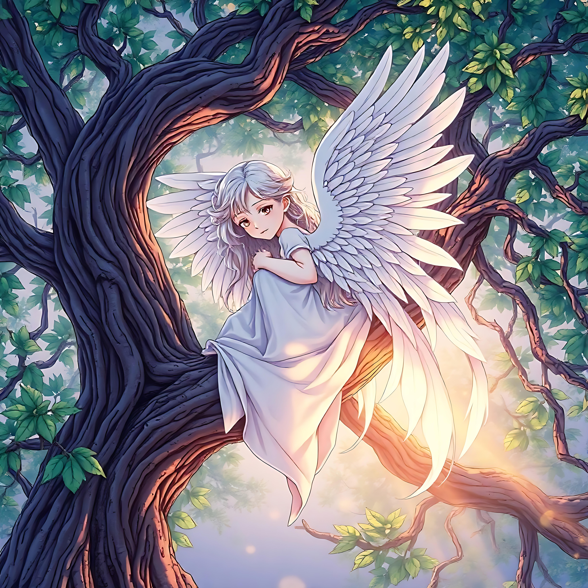 Rolig Engel Placeret På Naturens Majestæt Æterisk animeengel med glødende vinger sidder på en stor trægren omgivet af lysende blade.