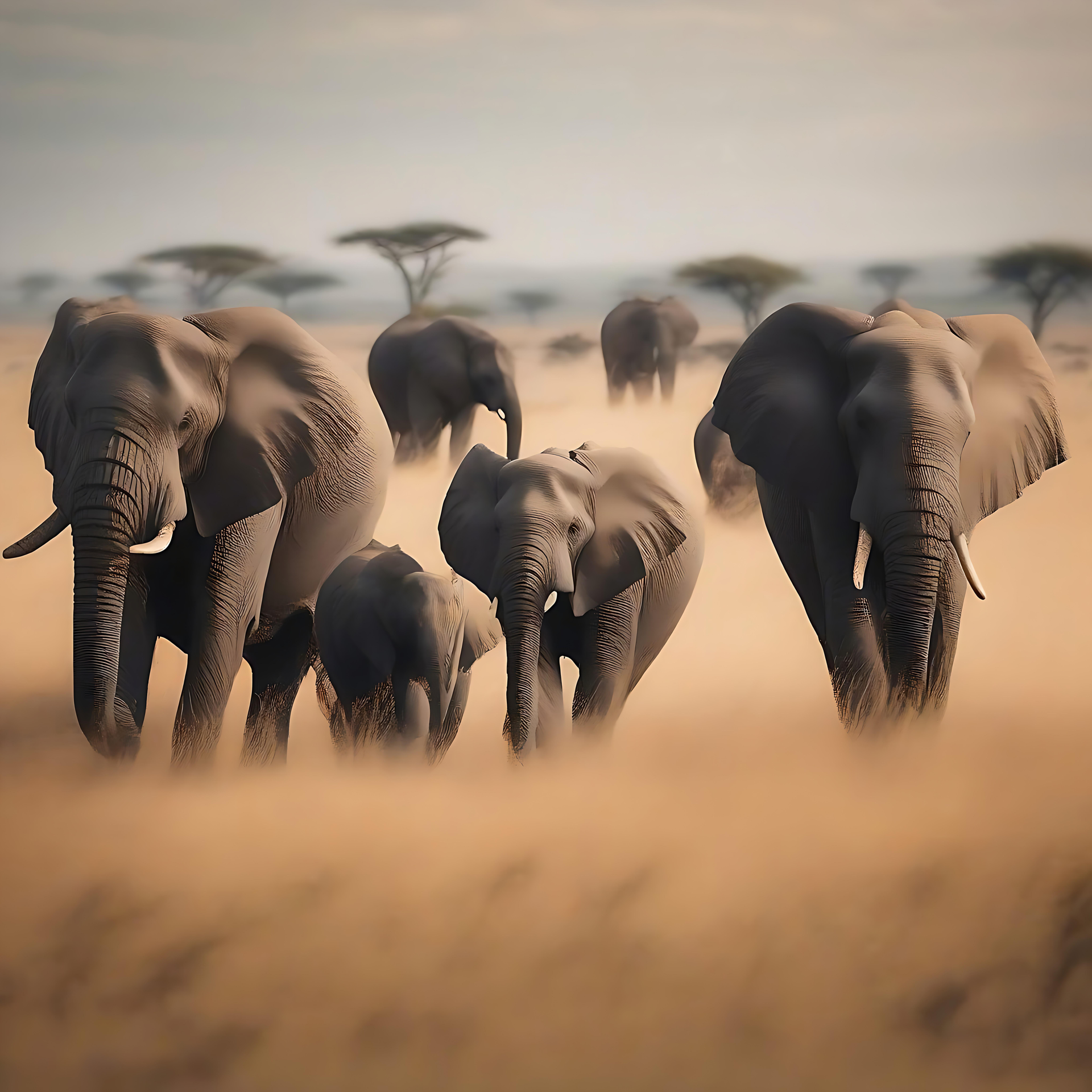 Betagende afrikansk savanne-scene ved daggry Gylden afrikansk savanne-scene med akacietræer ved daggry.