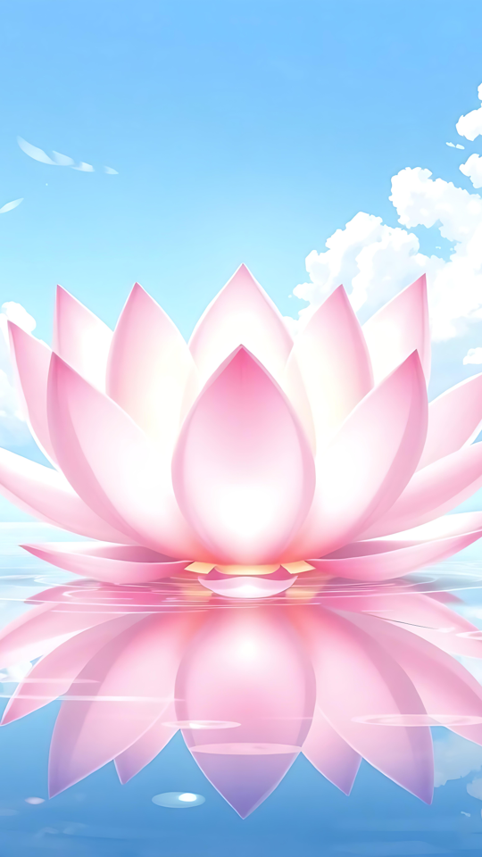 Gelassener Anime-Lotus schwebend auf spiegelnden Gewässern Rosa Lotusblume im Anime-Stil, die auf ruhigem, spiegelndem Wasser unter blauem Himmel schwimmt.
